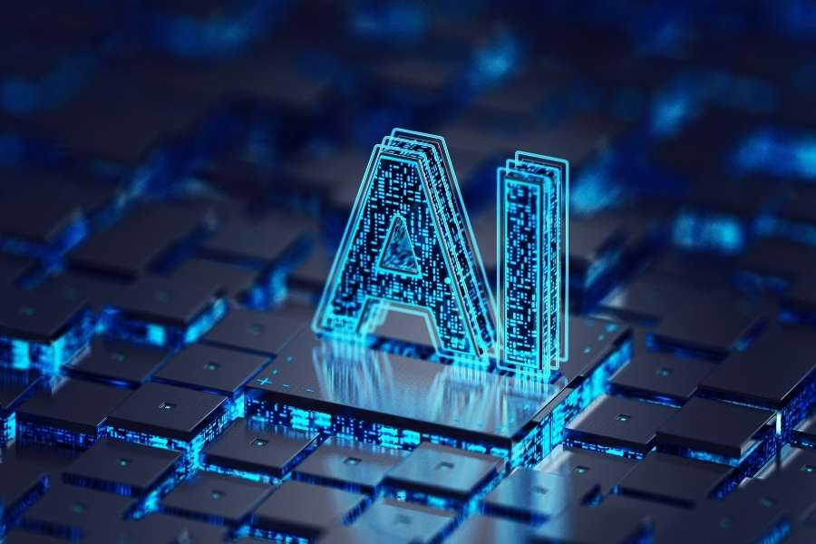 Un processeur électronique lumineux affichant l'inscription IA pour illustrer l'intelligence artificielle générative.